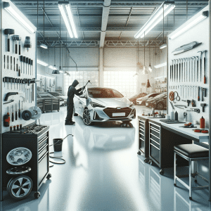 A clean and modern automotive repair shop with various tools for paintless dent repair PDR. The interior is well organized with clear workspaces