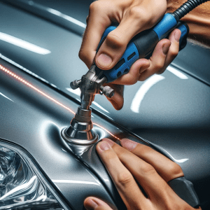 Близък план на ръцете на професионалист, който използва специализирани инструменти, за да поправи вдлъбнатина по металната каросерия на автомобил.