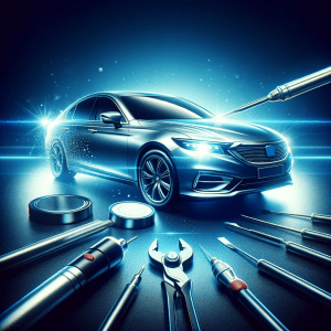 A high-quality image representing the concept of Paintless Dent Repair (PDR) for an automobile. Visualize a car that has been beautifully restored to PDR