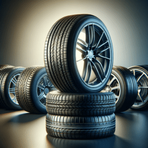 Реалистична снимка с висока разделителна способност на различни автомобилни гуми, показана на видно място. Гумите трябва да включват различни видове, като летни, зимни