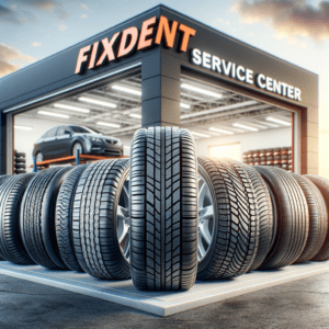 Реалистична снимка с висока разделителна способност на различни автомобилни гуми пред сервизен център на FIXDENT. Гумите включват различни видове