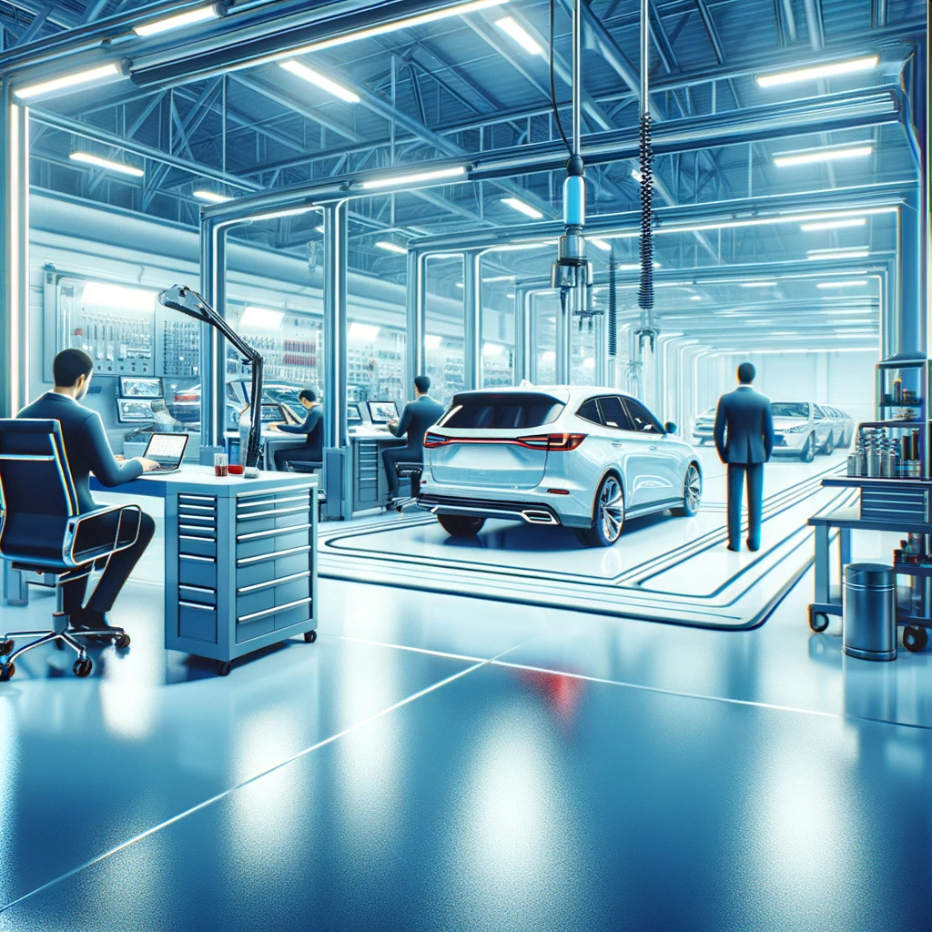 An image depicting a professional crisp environment of an automotive repair shop with advanced tools focused on Paintless Dent Repair PDR