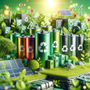 Екологичен аспект на съвременната технология за батерии. Сцената включва разнообразие от екологични батерии