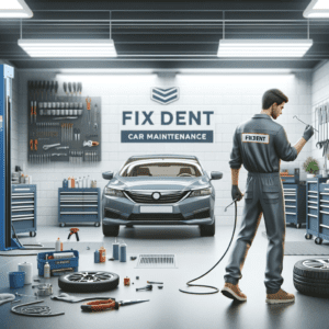 Реалистично изображение на професионален гараж за поддръжка на автомобили с механик, облечен в униформа с надпис "FIXDENT". Гаражът е модерен и чист