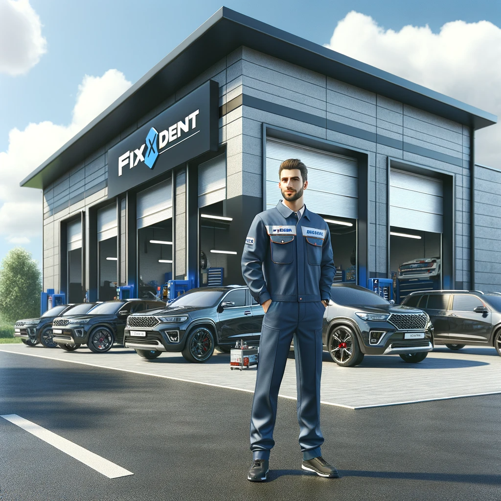 Realistic image of the exterior of a professional car maintenance garage with a mechanic wearing a uniform labeled FIXDENT
