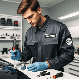 professional PDR (Paintless Dent Repair) technician in a clean, well-organized workshop, wearing a uniform with the logo FIXDENT