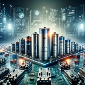 Изключително реалистична снимка на набор от съвременни батерии и акумулатори, представящи модерни литиево-йонни, никел-металхидридни и оловно-киселинни батерии