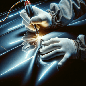 A highly realistic photo of a car undergoing paintless dent repair. The image should focus on the reflection of light on the car's shiny paint surface