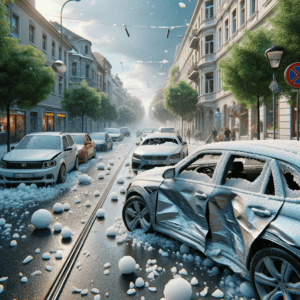 хиперреалистично изображение на улична сцена в Европа след силна градушка, на което се виждат няколко автомобила с големи щети от градушка, вдлъбнатини