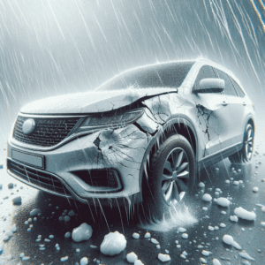 the effects of hail on a car. The image should depict a vehicle with clear hail damage, emphasizing the typical dents