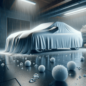 a car being prepared for an upcoming hailstorm. The focus is on protective measures, such as a car covered with a hail-proof