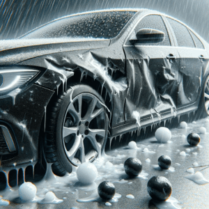 a car damaged by hail, showing multiple dents on the bodywork. The focus is on the extent of the hail damage