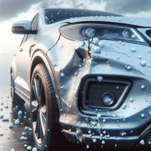 a car damaged by hail, showing multiple small dents on the bodywork. The car is parked outside, with a clear sky