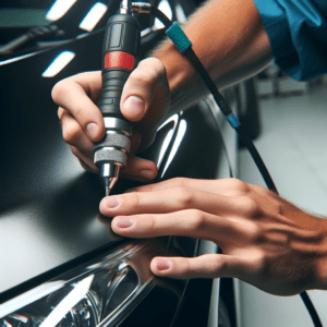 detailed image showing the process of Paintless Dent Repair (PDR) on a car. The focus is on a technician's hands using specialized PDR tools